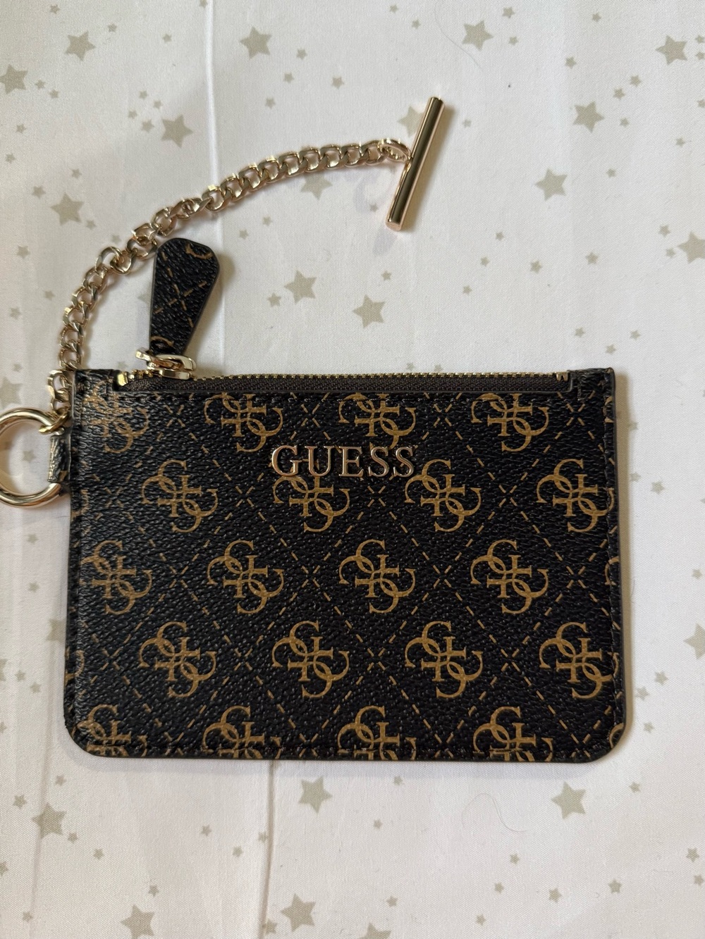 GUESS Black & Gold Monogram Zip Card Holder with Chain